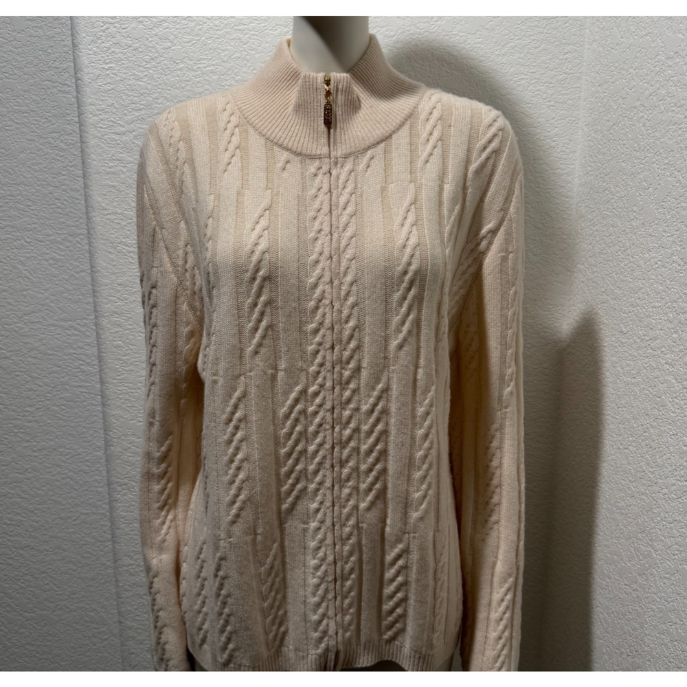 St. John Sport 100% Cashmere Sweater Cardigan Ivory Full Zip Cable Knit Sz XL - Picture 2 of 15